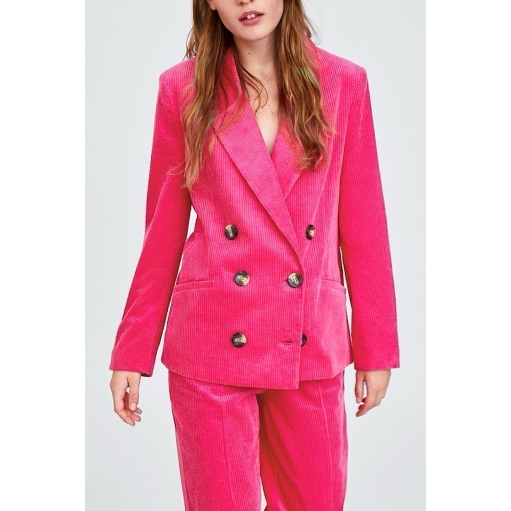 Zara Jacket Corduroy Blazer Double Breasted Button Front Long Sleeve Pink S/M